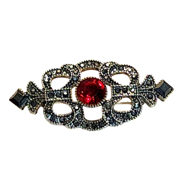 Vintage Jewelry - Vintage Late 70's Silver Tone Crystals Red Ruby Crystal Victorian Style Brooch